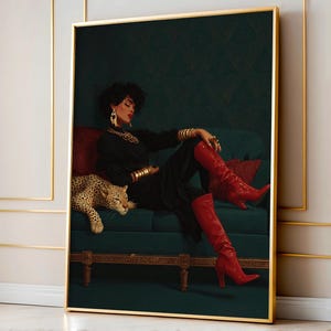 Velvet Couch Glam Art Print, Red Boots Retro Poster, Elegant Cheetah Illustration, Luxe Fashion Girl Wall Decor