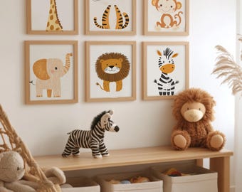 Affiches pour chambre d'enfant sur le thème des animaux de la jungle, lot de 6, téléchargement numérique, décoration murale pour bébé, adorable illustration à imprimer sur le thème de la jungle, art pour chambre d'enfant