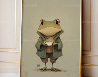 Frog Tea Illustration, Cute Frog Drawing, Whimsical Animal Art, Cozy Storybook Wall Decor