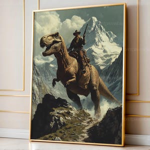 Funny Animal Wall Art, Vintage Dinosaur Cowboy Oil Painting Print, Western Jurassic Dinosaur Print, Digital Download, Unique Gift for Him