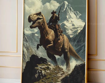 Funny Animal Wall Art, Vintage Dinosaur Cowboy Oil Painting Print, Western Jurassic Dinosaur Print, Digital Download, Unique Gift for Him