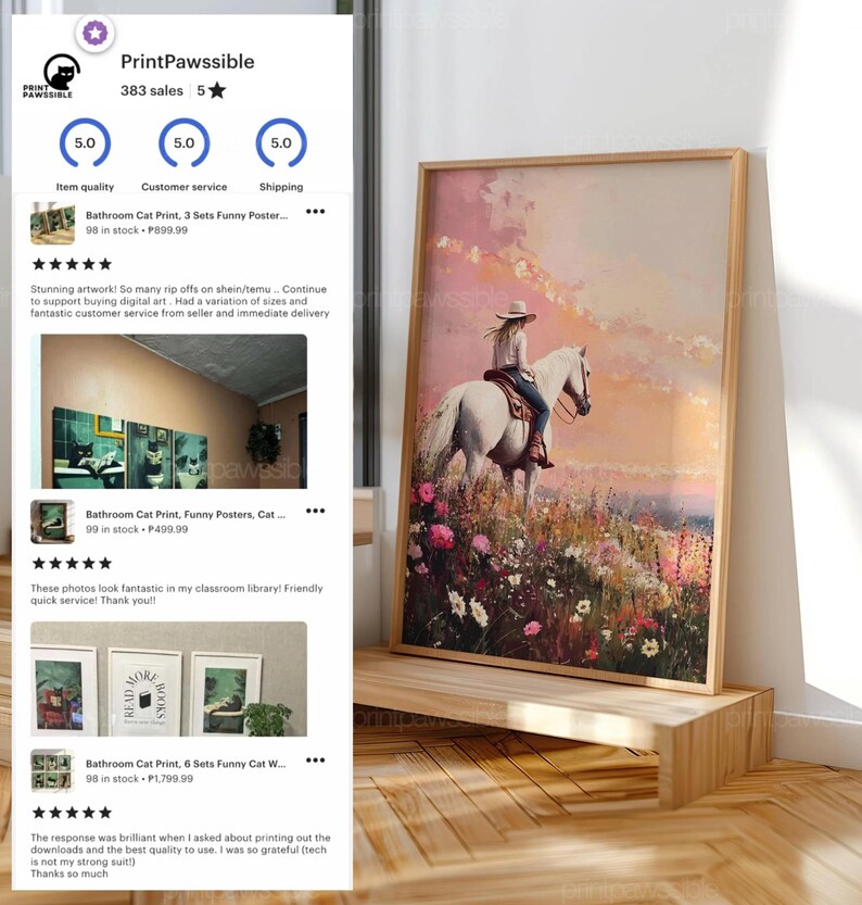 May include: A framed art print shows a person on a white horse in a field of wildflowers under a sunset. The artwork is displayed on a wooden stand, creating a rustic feel. The print has a light wooden frame, adding to its charm.