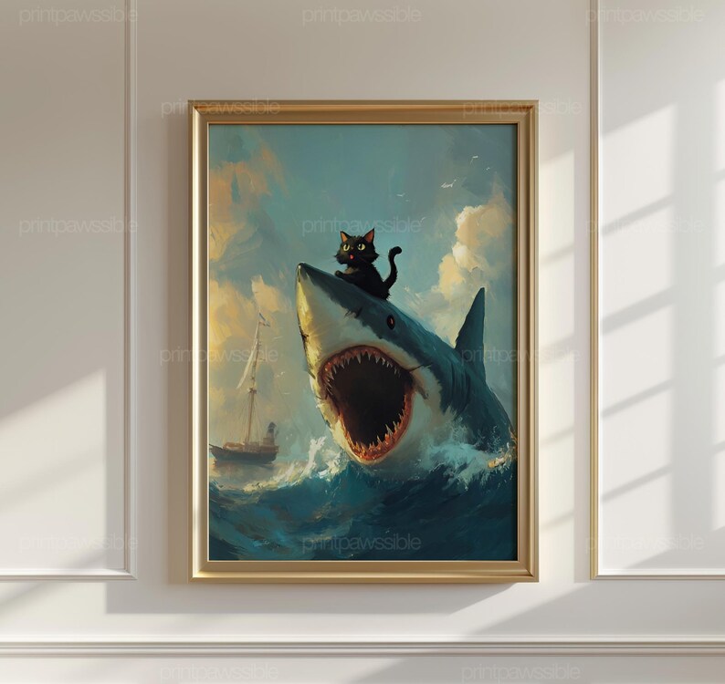 Funny Cat Riding Shark Art Print, Eclectic Victorian Style, Humorous ...