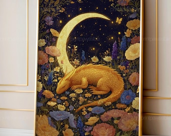 Sleeping Dragon Wall Art, Whimsical Cottagecore Nursery Decor, Cozy Fantasy Creature Print, Enchanted Moonlit Night Digital Poster