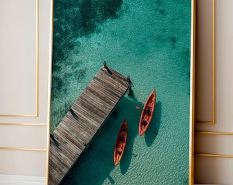 Kayak Dock Aerial Wall Art - Printable Coastal Poster - Minimal Ocean Scene for Beach House and Modern Marine Decor