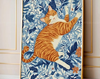 Estampado floral de gato jengibre, arte mural de gatito caprichoso, linda obra de arte de gato para imprimir, decoración de gato descarga digital, póster mural de gato juguetón