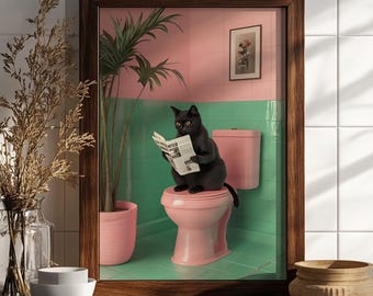 Rolig katttoaletttryck, badrumsväggkonst, nyckfull dekor (digital nedladdning)