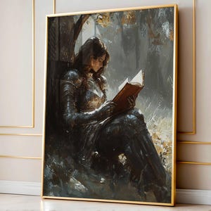 Póster de lectura de Lady Knight, arte mural de fantasía de Dark Academia, impresión de una caballero lectora, regalo para amantes de los libros, arte digital imprimible