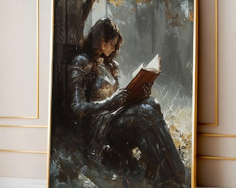 Reading Poster Lady Knight, Dark Academia Fantasy Wall Art, Bookish Woman Knight Print, Book Lover Gift, PRINTABLE Digital Art