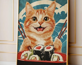 Cat Eating Sushi Print, Funny Japanese Cat Wall Art, Sushi Lover Gift, Retro Kitchen Decor, Cute Cat Illustration Printable