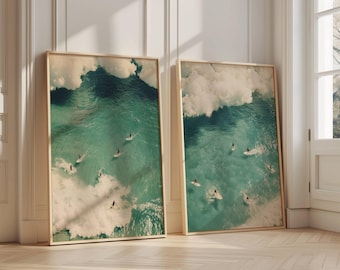 2 Set Sage Green Tiny Surfer Wall Art Print Aerial Photo Surfboard Retro Sun Beach House Tiny People Swimming Decor Beachy Apartment Print