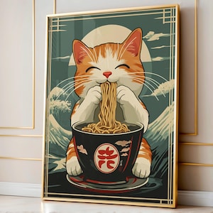 Cat Eating Ramen Print, Funny Japanese Wall Art, Noodle Lover Gift, Japanese Kitchen Decor, Retro Cat Print, Printable Wall Art