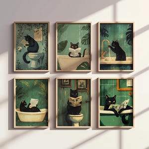 Funny Cat Wall Art Set of 30, Cute Animal Bathroom Photo Print Set, Cat on Toilet, Bath, Bathtub, Reading Sleeping Cat, Printable AI Art