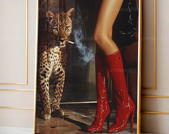 Red Boots Print, Retro Leopard Poster, High Fashion Poster, Hypebeast Aesthetics, Luxurious Wall Art, Chic Designer Poster, Cool Girl Photo