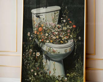 Inodoro botánico, decoración de baño verde oscuro, arte mural floral para baño, pintura de flores vintage, obra de arte digital cottagecore con flores silvestres de ambiente melancólico.