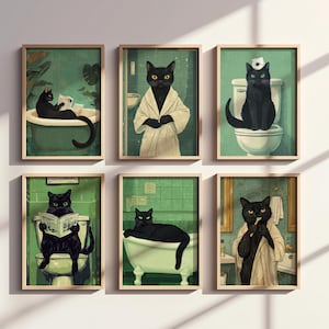 Bathroom Cat Print, 6 Sets Funny Cat Wall Art Bundle, Cute Animal Bathroom Photo Print Set, Cat on Toilet, Bath, Bathrobe, Brushing Teeth