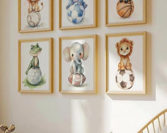 Safari-Tiere Kinderzimmer Drucke, Baby Boy Sport-Dekor, Dschungel-Tier-Wand-Kunst, digitaler Download, Set von 6, druckbare Safari-Tier Poster