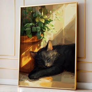 Póster imprimible de gato negro durmiendo pacíficamente junto a una ventana soleada, arte de pared, decoración de vida interior serena y acogedora, póster de granja