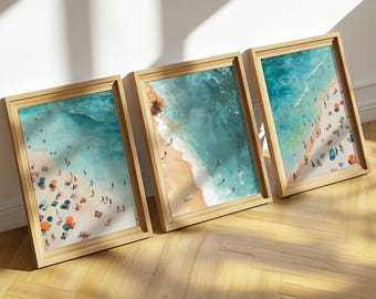 Set of 3 Tiny People Swimming in Ocean Art, Minimalist Printable Wall Art, Beach House Decor, Summer Poster Art Bundle