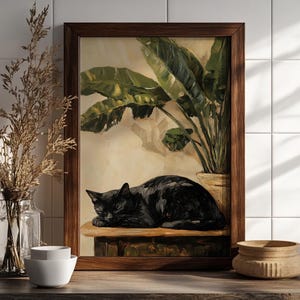 面白い猫の壁アート、農家の眠っている猫のプリント、素朴な印刷可能な壁アート、美的装飾、黒猫の絵、面白い動物のバスルームアート