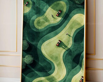 Golf Cart Wand Kunst Druck, Winziges Abstraktes Poster, Minimalistisches Sport Dekor, Vintage Grün Platz, Digital Golf Download