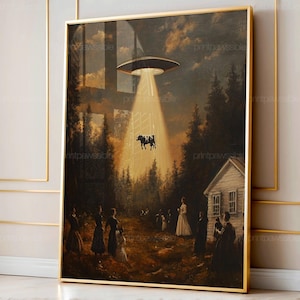 Vintage ufo-kunstdruk, grillige sci-fi muurkunst, retro buitenaardse koe ontvoering schilderij, grappig decor van de boerderij, surrealistische fantasie poster