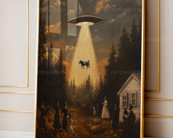 Vintage UFO Art Print, Whimsical Sci-Fi Wall Art, Retro Alien Cow Abduction Painting, Funny Farmhouse Decor, Surreal Fantasy Poster