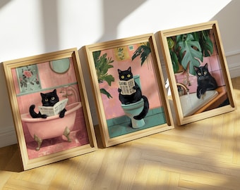Pink Bathroom Cat Print, 3 Sets Funny Posters, Cat Funny Bathroom Wall Decor Print Room Wall Art Funny Cat Poster Bathroom WallArt Toilet