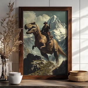 Lustiger Dinosaurier Druck, Vintage Dinosaurier Cowboy Ölgemälde Druck, Western Jurassic Dinosaurier Druck, Geschenk für Ihn, lustiger Druck