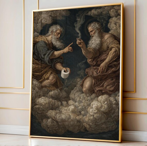 Greek Gods Toilet Paper Art, Funny Creation of Adam Parody, Bathroom Wall Print, Altered Renaissance Art, Quirky Classical Decor