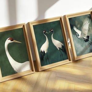 Kran Wand Kunst Bundle, Vintage Japandi Vogel Drucke, Japanischer Kranich Dekor Set, Stimmungsvoll Grün druckbare Poster, Antike Natur Kunstwerk