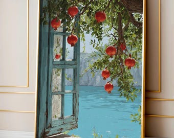 Mediterranean Pomegranate Art Print – Close-Up Fruit Tree Seaside Wall Art – Italian Coastal Digital Illustration