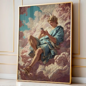 Grekisk gud-smartphonekonst, rolig renässansväggtryck, förändrad klassisk målning, udda mytdekor, humor för teknikälskare