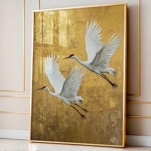 Ilustración japonesa de grullas, bandada japonesa de grullas, póster bohemio de aves a color, arte mural asiático, arte vintage de aves para imprimir