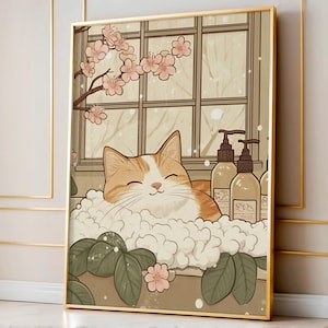 Cat Bathroom Decor, Tabby Cat in Bathtub, Japan Art Print, Japanese Wall Art, Neutral Minimalist Poster, Funny Cat Digital Download