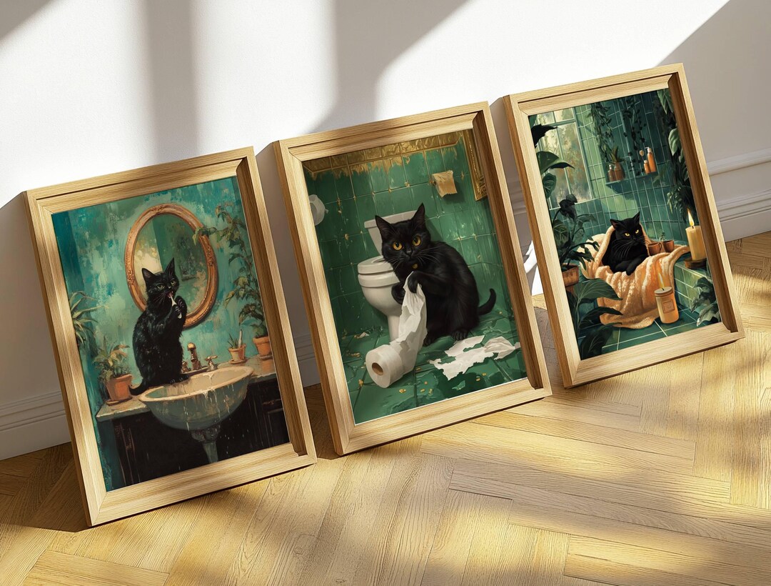 Funny Bathroom Cat Wall Art Set of 3, Black Cat Vintage Green Bathroom ...