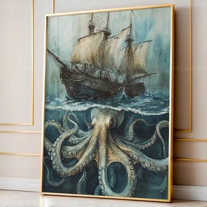 Vintage Ship Poster, Octopus And Ship Ocean Art, Giant Octopus Wall Decor, Nautical Home Art, Retro Maritime Artwork, Majestic Octopus Print