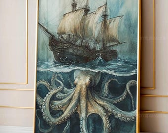 Vintage Ship Poster, Octopus And Ship Ocean Art, Giant Octopus Wall Decor, Nautical Home Art, Retro Maritime Artwork, Majestic Octopus Print