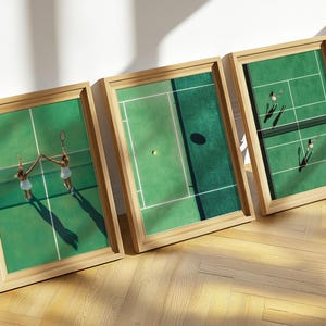 Tennis Wall Art Set of 3, Green Tennis Digital Prints, Minimalist Tennis Decor, Tennis Duo and Court Art, Modern Sports Wall Art Download