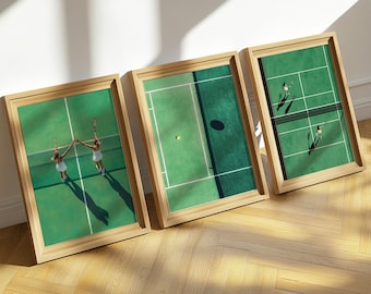 Tennismuurkunst set van 3, groene digitale tennisprints, minimalistisch tennisdecor, tennisduo en baankunst, moderne sportmuurkunst downloaden