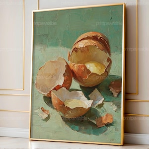 May include: An oil painting depicting a cracked egg with the yolk visible. The eggshell is a light brown hue, set against a muted green background. The artwork is presented within a gold frame.