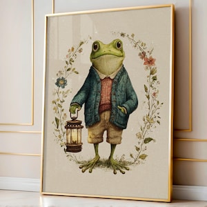 Lantern Frog Folk Art Print: Whimsical Cottagecore Style (Digital Download)