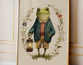Lantern Frog Folk Art | Whimsical Cottagecore Printable | Cozy Frog Digital Wall Art | Children's Storybook Style Download