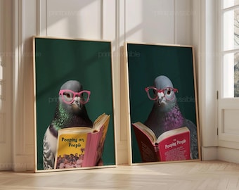 Set of 2 Funny Pigeon Reading Pooping on People, Trendy Bathroom Humor Art, Digital Bathroom Print, Funny Home Decor, Downloadable Art Print