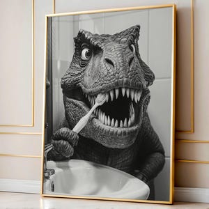Funny TREX Brushing Teeth Wall Art, Funny Kids Dino Bathroom Print, Black and White Dinosaur Toilet Humor Art, T-Rex Art Print, Digital Art