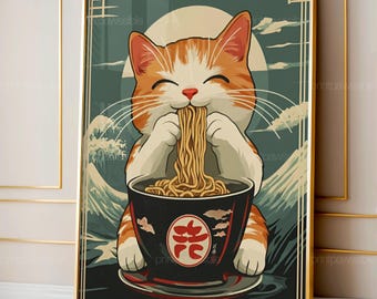 Cat Ramen Print, Funny Japanese Kitchen Art, Cute Neko Wall Decor, Digital Download, Printable Cat Poster, Humorous Japanese Food Art