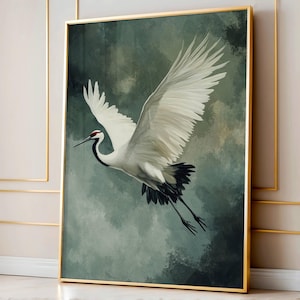 Arte mural de grulla voladora, póster de pájaro japonés, pintura vintage de naturaleza, decoración japonesa imprimible, ilustración de grulla verde oscuro