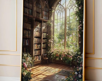 Flower Library Art, Dark Academia Decor, Gothic Home Wall Decor, Botanical Books Print, Cottagecore Floral Poster, Green Bookstore Art