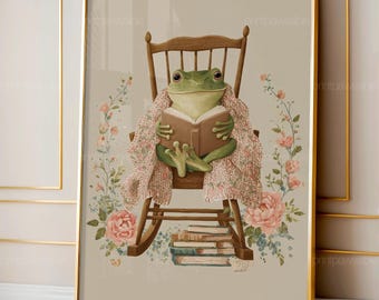 Cozy Frog Reading Folk Art | Cottagecore Storybook Wall Art | Whimsical Frog Printable | Digital Download Illustration