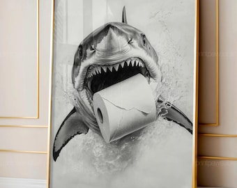 Funny Shark Bathroom Print, Coastal Beach House Decor, Humorous Ocean Wall Art, Digital Download, Printable Shark Poster, Beach Bathroom Art